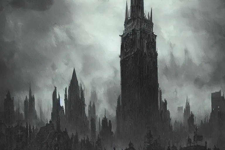 Prompt: A giant creature standing above a gothic city, digital painting, soft lighting, moody, high detail