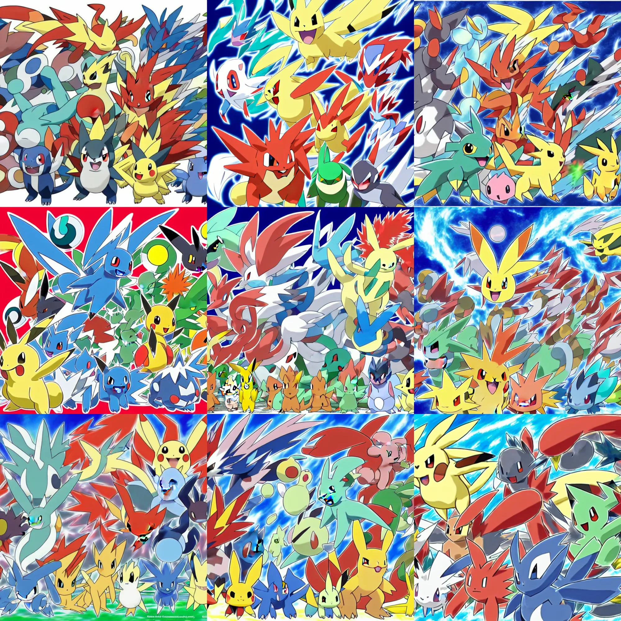 Prompt: official art of a diverse crowd of Pokémon, by Ken Sugimori and Junichi Masuda, whitespace, Bulbapedia, Pokémon logo, ninetales kyogre blaziken camerupt seaking lanturn moltres