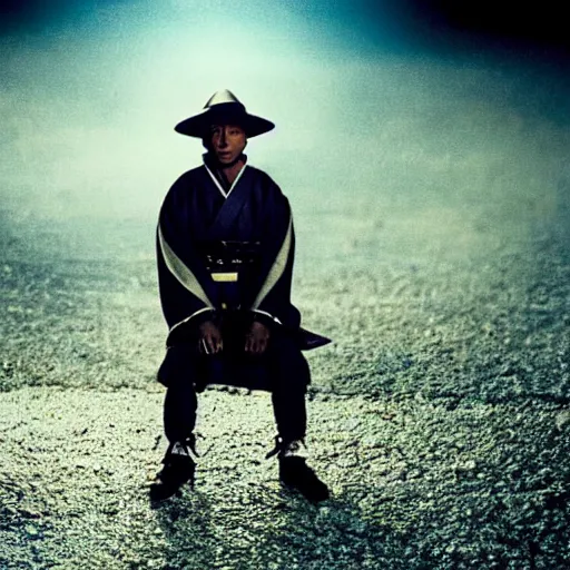 Prompt: cinematic film still Pharrell Williams starring as a Samurai that is on fire, Japanese CGI, VFX, 2003, 40mm lens, shallow depth of field,film photography