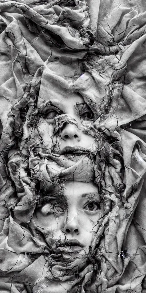 Image similar to feeling happiness like never before, surrealism, abstract human face, hidden behind torn cloth swirling violently, abstract cloth simulation, tattered fabric, rags, ragged