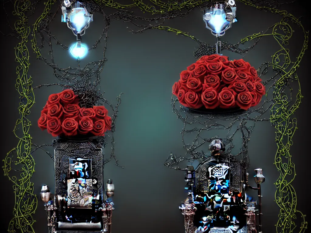 Prompt: robot helmet on a throne, roses with vines dripping black liquid, tarot card with ornate border frame, ornamented flowing jewelry, 4k, trending on artstation, hyper realistic, photorealistic, volumetric lighting, in the style of michael cheval,