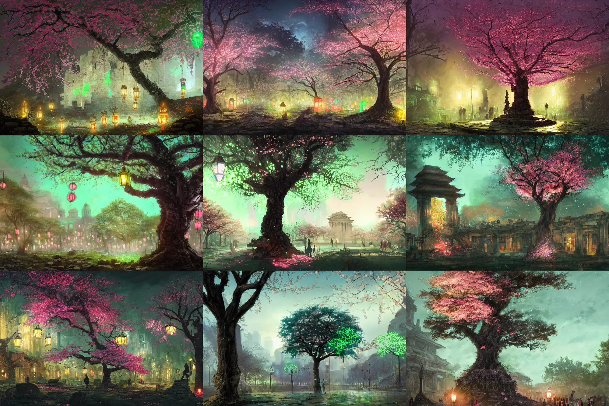 Prompt: ancient city, ruins, tree with cherry blossoms in the middle, glowing green lights, lanterns, colorfully, dark mood, detailed illustration, dark climate, digital art, highly saturated colors, overdetailed art, concept art, detailed illustration, hd, 4 k, digital art, greg rutkowski, wlop, trending on artstation