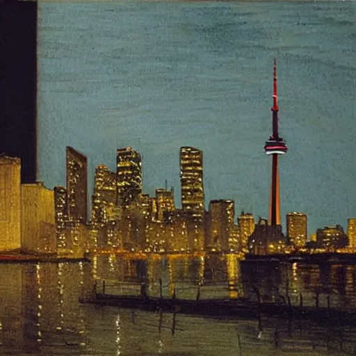 Image similar to toronto at night, painting by diego velazquez, very detailed