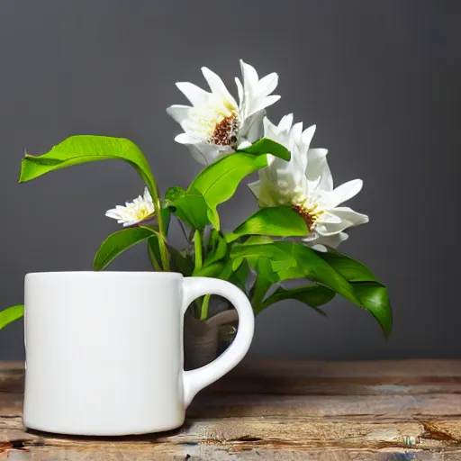 Image similar to bright white room showcasing ceramic mug surrounded by white flowers, green leaves, and pears, soft zen minimalist, white background, bright, crisp