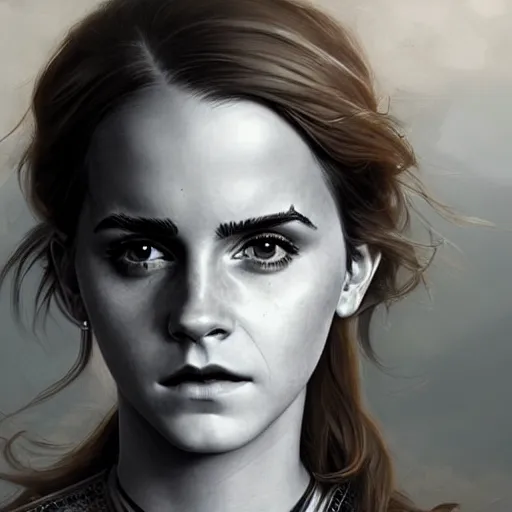 Image similar to drawing of emma watson wearing a knight armor, beautiful piercing eyes, hyper realistic face, in the style of greg rutkowski, fantasy, amazing detail, epic, elegant, smooth