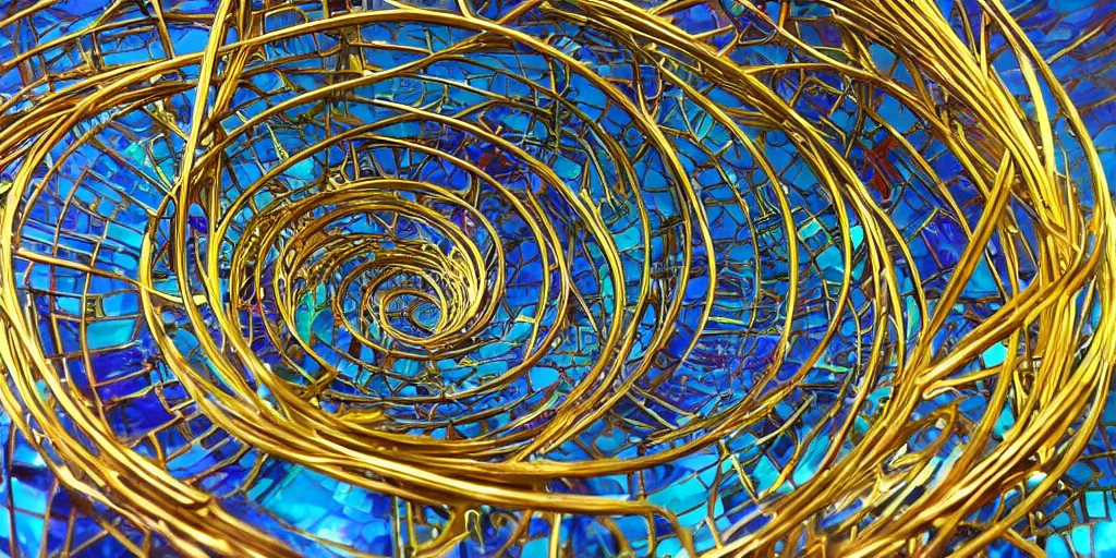 Prompt: wide angle color photo of futurist sculpture of nested fractal spirals. coloured glass with brass inlay.