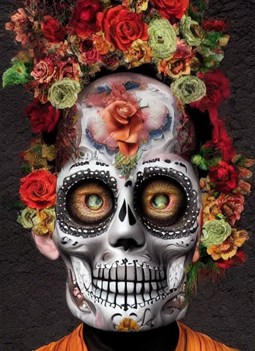 Image similar to dia de los muertos hombre theme surrealist art in the styles of igor morski, jim warren, and a tim burton film, intricate, hyperrealistic, accurate facial details, profile picture with chromakey!!!!! background, volumetric lighting