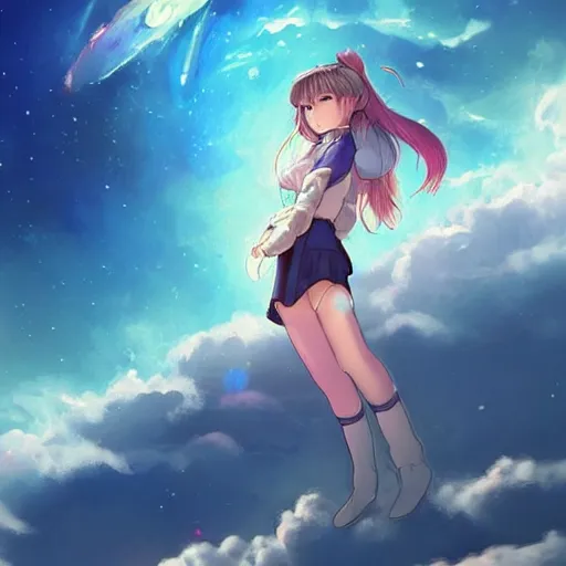 Image similar to over the cloud there is a cosmic girl A young female looks like kasumi arimura with wolor explosion background trending on artstation and twitter by Krenz Cushart, trending on pixiv, Colorful astronaut, flowing robe, floating , colorful nebula, derelict space ship, science fiction spaceman, space, futuristic spacesuit, cover art, cinematic, highly detailed, strong line work, Alphonse Mucha, John Harris, 4k render, 4k post, hyper detailed