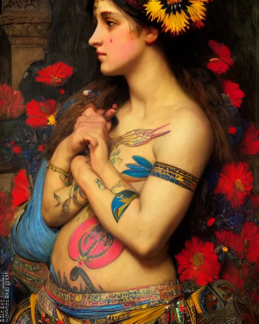 Image similar to a beautiful girl with colourful tribal tattoos surrounded by colourful flowers orientalist intricate portrait by john william waterhouse and edwin longsden long and theodore ralli and nasreddine dinet, oil on canvas. cinematic, hyper realism, dramatic lighting, high detail 8 k