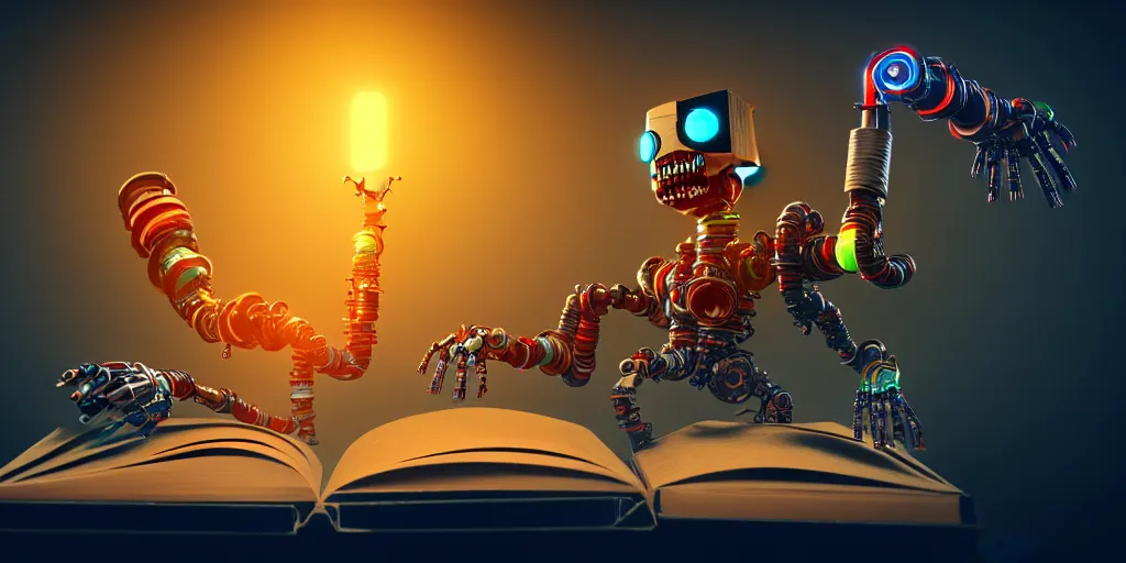 Image similar to A frightening multi armed evil robot devouring books with pipes and tubes and pages floating down, hyperealistic very colourful hdr cinematic lighting cgi render photorealistic cinematic octane render