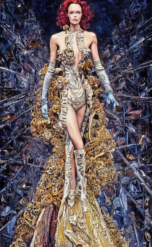 Image similar to fashion model walking down a catwalk, elaborate dress by alexander mcqueen, art by michael whelan and chris moore and howard david johnson and tim white and dan giancola