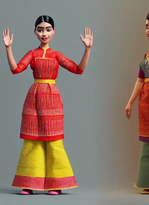 Prompt: disney pixar visual of a sassy woman wearing assamese mekhela bihu gamosa stylish modern costume ; official media ; highly detailed cute face by wlop ; 3 6 0 rotation reference ; octane render, unreal engine 5, trending on artstation, 8 k high resolution, global illumination ray tracing ; symmetrical, cinematic, high coherence, hdr fabric textures