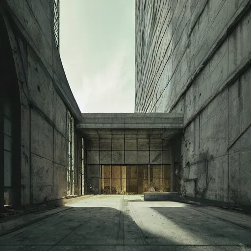 Image similar to “derelict architecture buildings, architecture digest, muted tones, volumetric lighting, building made by Mies Van der Rohe, photorealism, high detail, golden ratio, cinematic, octane renderer”