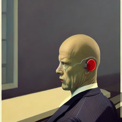 Prompt: Portrait of a man wearing a business suit with an insect head, very coherent, painted by Edward Hopper, Wayne Barlowe, painted by James Gilleard, airbrush, art by JamesJean