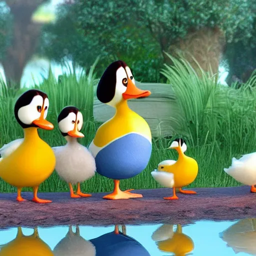 Prompt: Cute little duck family, still from a pixar!! movie