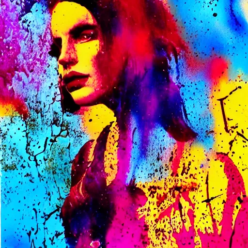Image similar to lana del rey abstract painting, glitchcore, splatter, distortion, 3 5 mm