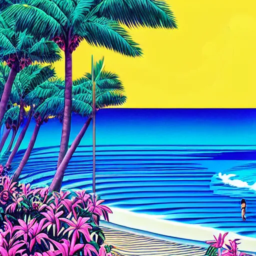 Prompt: a beautiful painting of a sunny day at a large beach filled with lush plants and palm trees by hiroshi nagai and hirohiko araki, detailed line art, vaporwave color scheme
