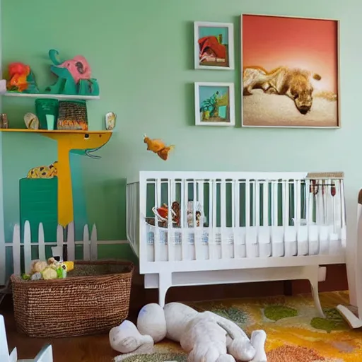 Prompt: interior design baby room, orange and green pastel colours, sunset, safari animals, lion water colours pictures against wall, wood cot and shelves with rocking chair