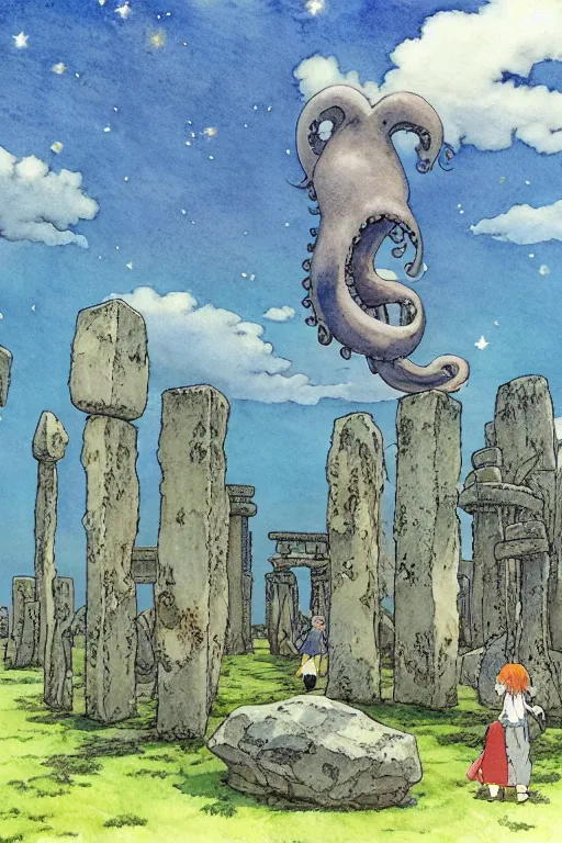 Image similar to a hyperrealist studio ghibli watercolor fantasy concept art. in the foreground is a giant grey octopus building and putting stones in to place on top of stonehenge with a starry sky. by rebecca guay, michael kaluta, charles vess