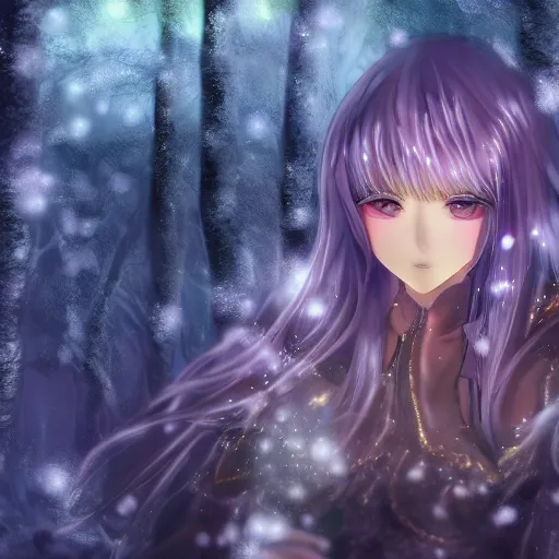 Image similar to portrait focus of knight beautiful 3D anime girl, candy armor wearing, dark forest background, snowing, bokeh, inspired by Masami Kurumada, digital painting, high contrast, unreal engine render, volumetric lighting, high détail