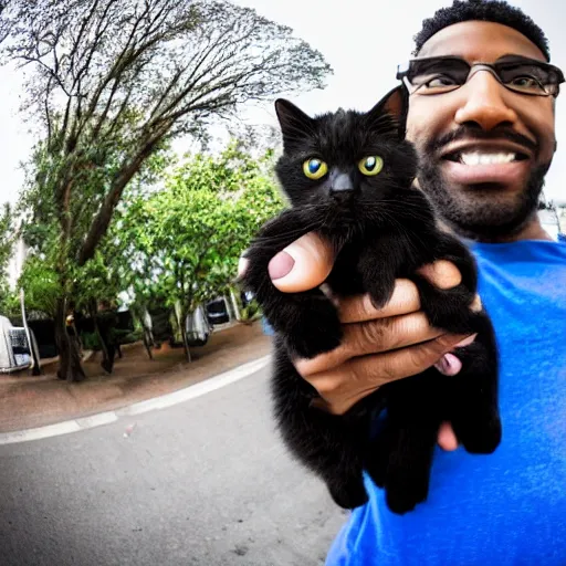 Prompt: a black guy holding his kitten up to the camera in a street, wide angle, fish eye lens photo