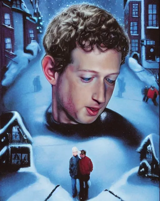 Image similar to mark zuckerberg as kevinin in home alone, airbrush, drew struzan illustration art, key art, movie poster