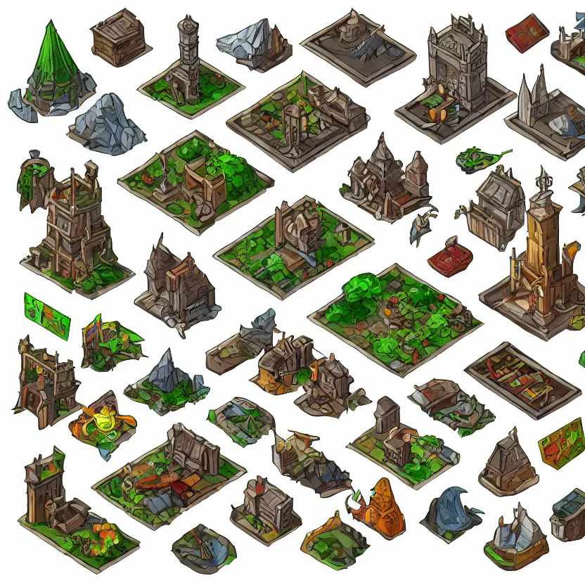 Image similar to set of isometric game tiles, containing a wizard's tower and several resourcers, colored lineart