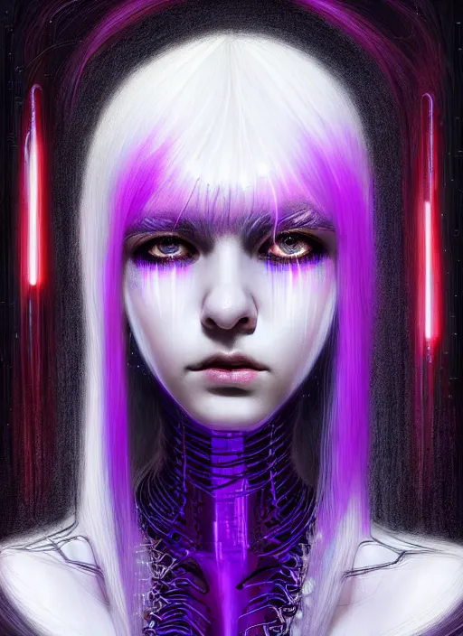 Image similar to hair whitebangs hair, black cyberlox, portrait of teenage girl with white bangs, whitebangsblackhair, messy bangs, cyberlox, whitebangs, red irises, purple clothes, intricate, elegant, glowing lights, highly detailed, digital painting, artstation, concept art, sharp focus, illustration, art by wlop, mars ravelo and greg rutkowski