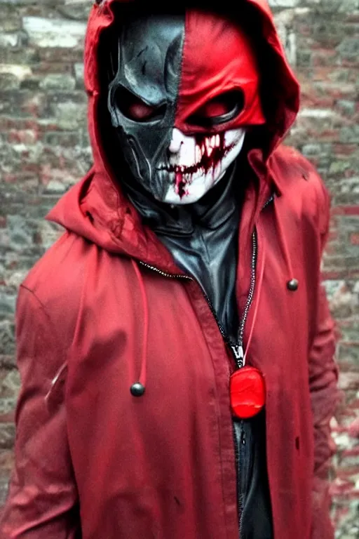 Image similar to red hood cosplay, creepy, disturbing, bloody, darkness, grainy