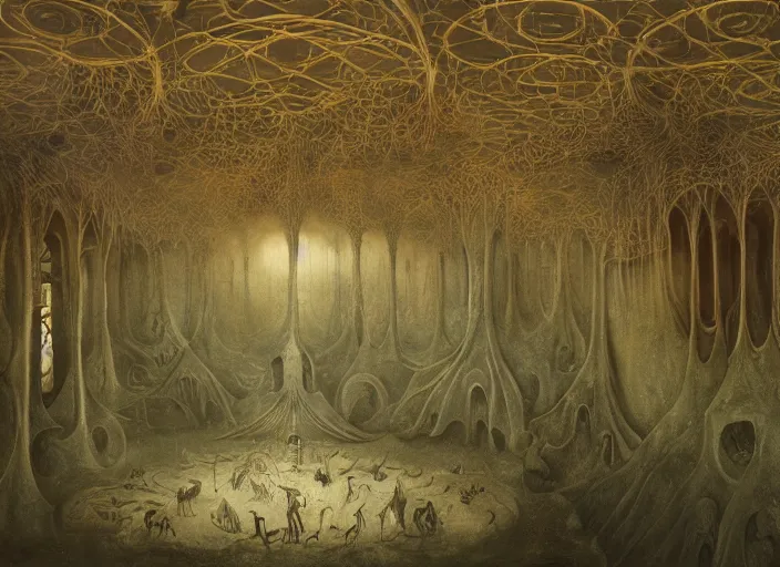 Prompt: matte painting in the style of hieronymus bosch, leonora carrington and zdzislaw beksinski : : intricate detailed study of a wild, psychedelic nightmare full of imaginary creatures : : interior view of a complex modern building : : ultra - detailed technical precision : : high definition 3 d render, unreal engine, 4 k, hi - res textures