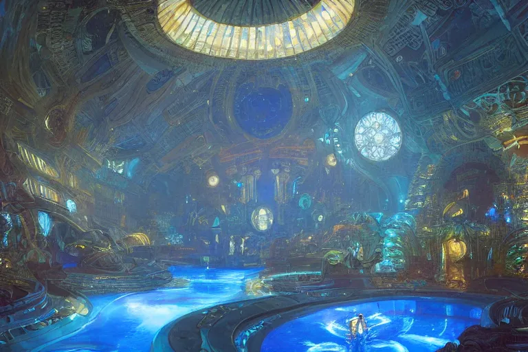 Image similar to Concept Digital Art Highly detailed Alien Art Deco Cybertron lazy river inside of the Palace of the Primes with glowing blue water at night by greg rutkowski, Ilya repin, alphonse mucha, and Edmund Blair Leighton. Very highly detailed 8K, octane, Digital painting, the golden ratio, rational painting