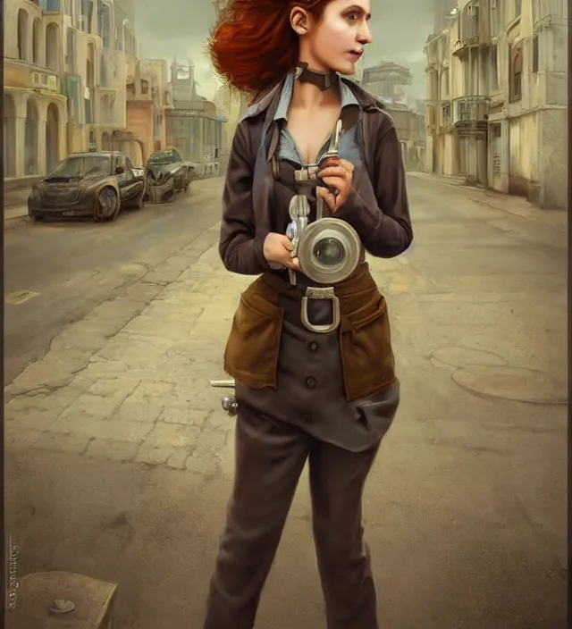 Prompt: portrait of a stylish female plumber standing on a city street by tom bagshaw digital art realistic detailed trending on artstation 3 d render medium shot high - key lighting, in the style of steve mccurry gothic, fantasy style