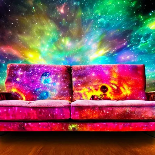 Prompt: psychedellic trippy couch in space, planets, milky way, sofa, cartoon