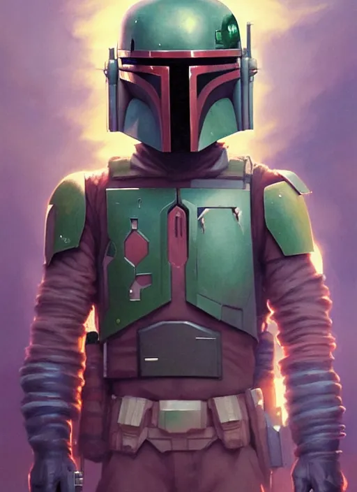 Image similar to symmetry! highly detailed portrait of boba fett, shallow focus!!!. fantasy art by greg rutkowski, loish, rhads, ferdinand knab, makoto shinkai and lois van baarle, ilya kuvshinov, rossdraws, tom bagshaw, alphonse mucha, global illumination, radiant light, space station.