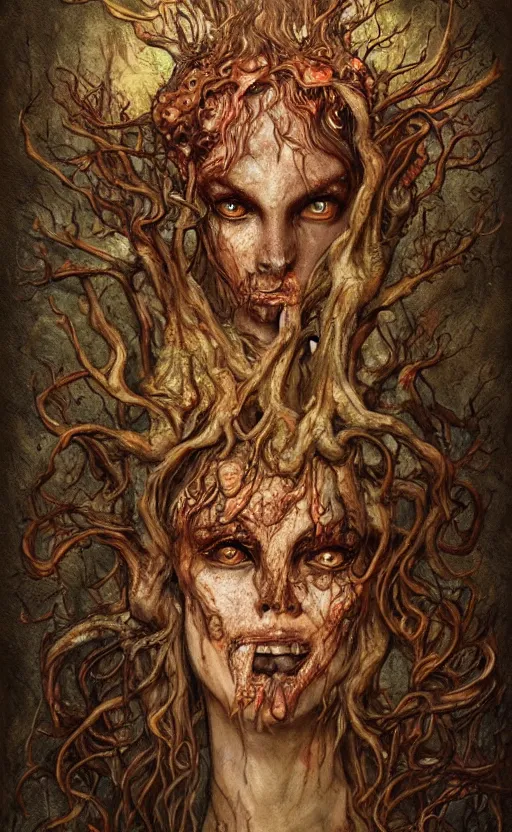 Prompt: portrait of a rotten tree spirit dryad with a beautiful face and flaming mouth and eyes, intricate, headshot, mushrooms, fungi, lichen, sketch lines, graphite texture, old parchment, guillermo del toro concept art, justin gerard monsters, intricate ink illustration, artstation