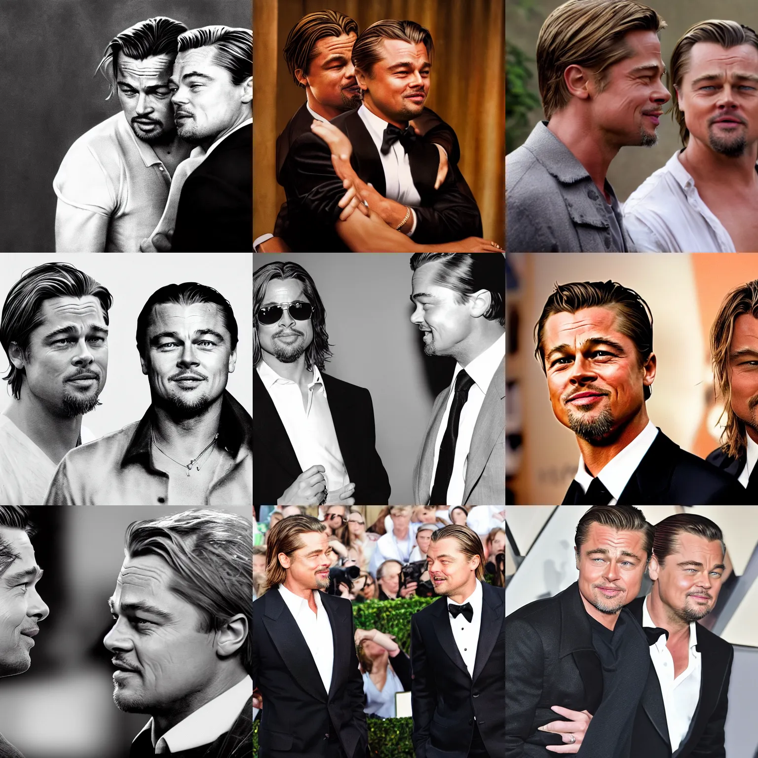 Prompt: A photograph of brad pitt and leonardo dicaprio falling in love, highly detailed, realistic faces, 4k, hd, professional photograph