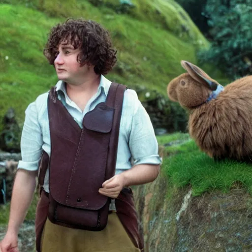 Image similar to frowning clean shaven pudgy British lad with short curly dark brown hair as a hobbit wearing a white men's crossbody sling chest bag and blue vest standing next to a giant rabbit, blue vest! white crossbody chestbag! high resolution film still, movie by Peter Jackson