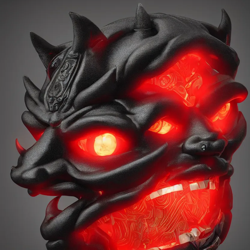 Image similar to a black symmetrical centered Japanese traditional oni mask, kintsugi, ornate, details, smooth, sharp focus, illustration, realistic, cinematic, artstation, award winning, rgb , unreal engine, octane render, cinematic light, macro, depth of field, blur, red cloud light, 8K,