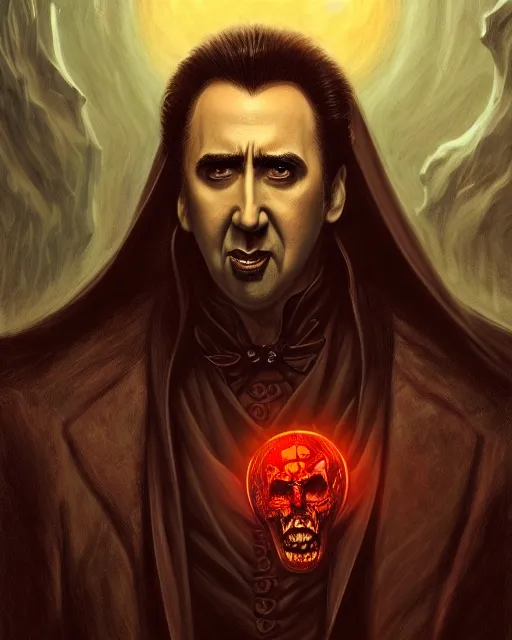 Image similar to nicolas cage as dracula, demonic, highly detailed, centered, artstation, concept art, smooth, sharp focus, illustration, bokeh art by artgerm and donato giancola and joseph christian leyendecker