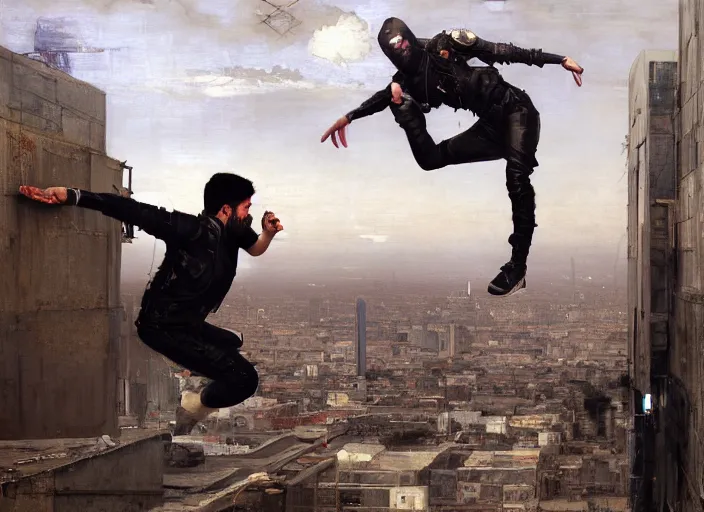 Image similar to Greg evades sgt Nash. Cyberpunk hacker in jumpsuit escaping menacing police troopers (blade runner 2049). bearded face. rooftop free running. Iranian orientalist portrait by john william waterhouse and Edwin Longsden Long and Theodore Ralli and Nasreddine Dinet, oil on canvas. Cinematic, hyper realism, realistic proportions, dramatic lighting, high detail 4k