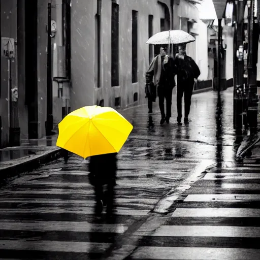 Image similar to A dramatic portrait of a man wearing yellow rain coat , holding red umbrella , walking in a black and white street . Cinematic lighting