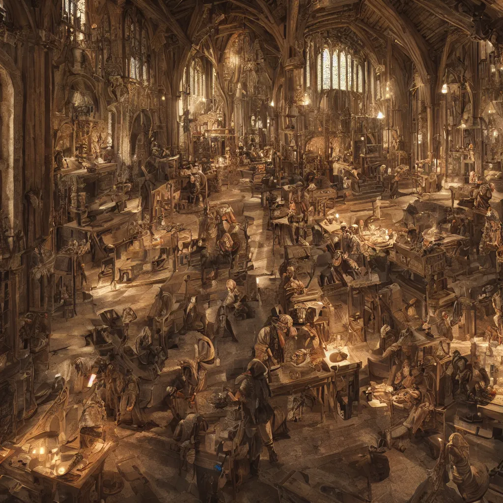 Prompt: medieval craftsmen working inside a medieval building, hypermaximalistic, high details, cinematic, 8k resolution, beautiful detailed, insanely intricate details, artstation trending, octane render, unreal engine