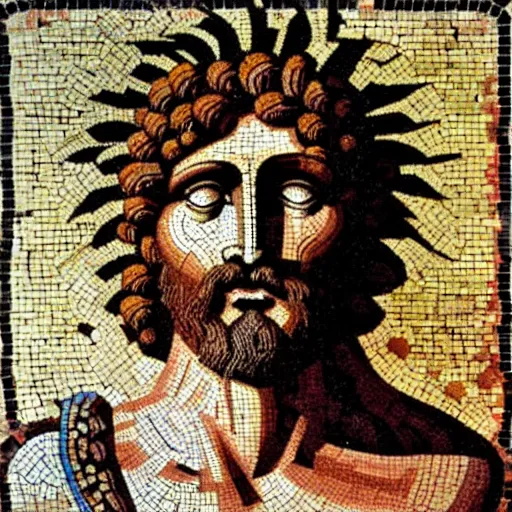 prompthunt: byzantine mosaic of gigachad, perfect face, perfect eyes,  strong jaw, centered, awarded photo, intricated, very detailed, highly  qualified