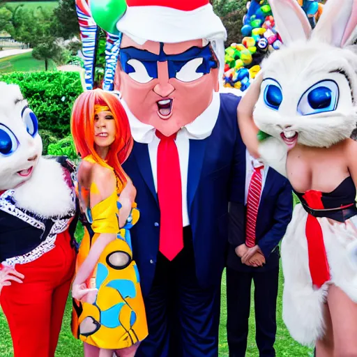 Prompt: professional photography Donald Trump cosplay as Bugs Bunny spying on children at a birthday party, high quality, good lighting, masterpiece, beautiful beautiful beautiful beautiful beautiful