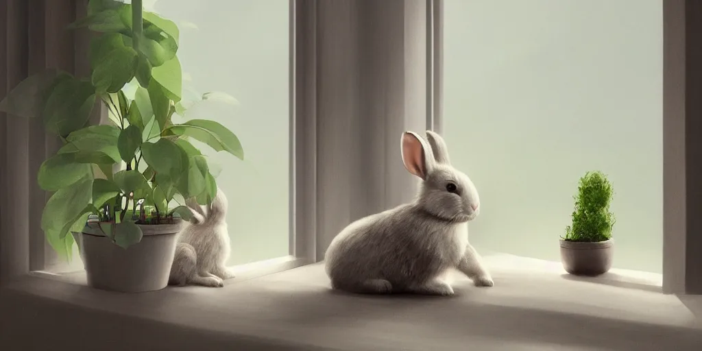 Prompt: beautiful peaceful dreamy painting of a content bunny sitting by a window and looking outside, sunshine coming through the window, small plants on the window sill, 8k, hyper realism, trending on artstation, octane render