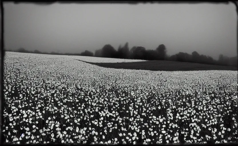 Prompt: black box on the field flowers, by Andrei Tarkovsky, mist, lomography photo effect, monochrome, 35 mm