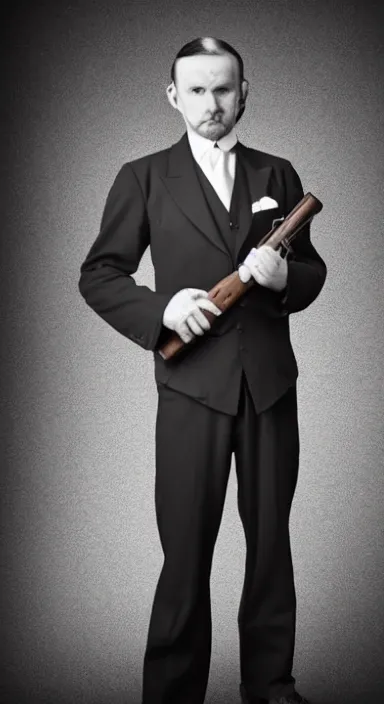 Image similar to Full body portrait of a man with a stern look dressed in a 1920s attire. He is pointing a gun and seems mentally unstable. 4K, dramatic lighting