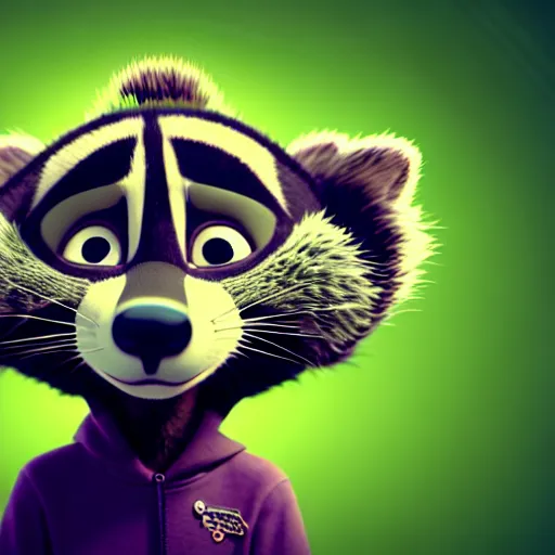 Image similar to a relaxed stoner with a black hoodie on with a marijuana themed dark green raccoon head from zootopia, wearing beanie, smoking, 3 d, blender 3 d, render, extremely detailed, 8 k, detailed fur