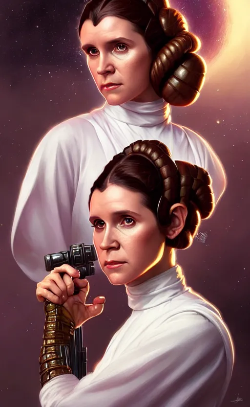 Prompt: portrait of princess leia, star wars, upper body, fantasy, intricate, elegant, highly detailed, digital painting, artstation, concept art, smooth, sharp focus, illustration, art by artgerm and greg rutkowski and alphonse mucha