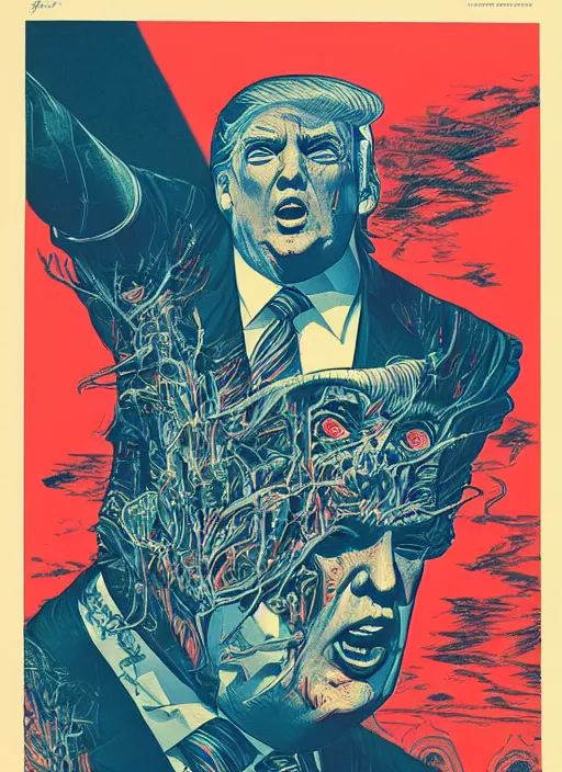 Image similar to risograph of donald trump's grotesque true form revealed, horror, high details, intricate details, by vincent di fate, artgerm julie bell beeple, 1 9 8 0 s, inking, vintage 8 0 s print, screen print